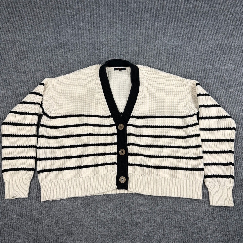 Quince Cardigan Womens XS Black Striped Cotton Fisherman Boxy Cropped Coastal